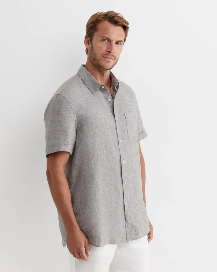 Men Sportscraft Shirts Short Sleeve Linen Shirt Grey