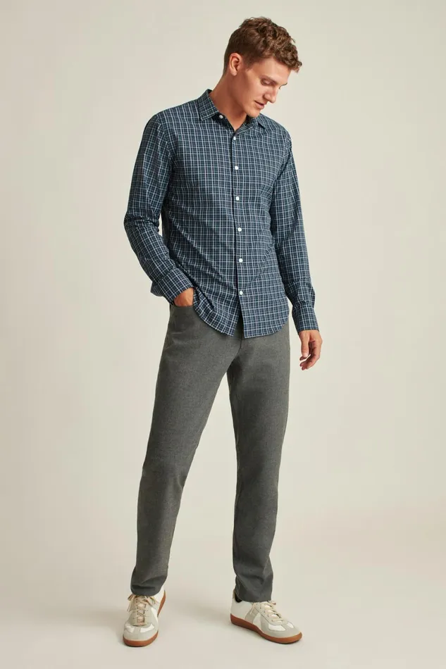 Men Tech Button Down Shirt Navy Budd Lake Plaid Bonobos Casual Shirts