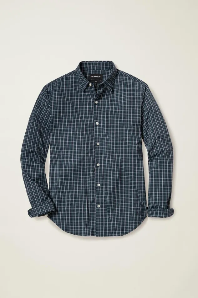 Men Tech Button Down Shirt Navy Budd Lake Plaid Bonobos Casual Shirts