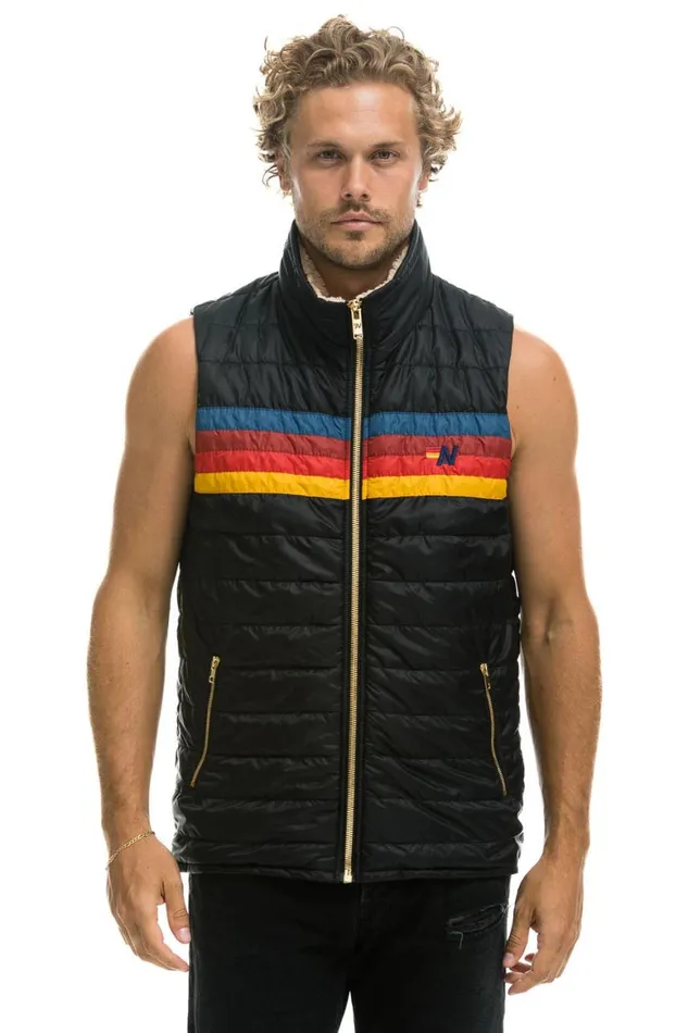 Men Vests Aviator Nation 4 Stripe Vest Sherpa 8211 Black