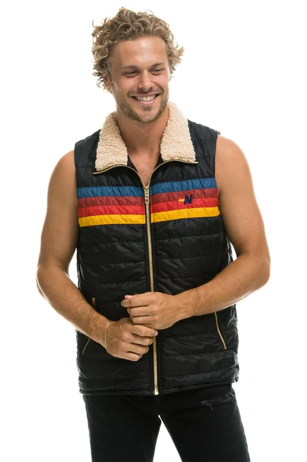 Men Vests Aviator Nation 4 Stripe Vest Sherpa 8211 Black