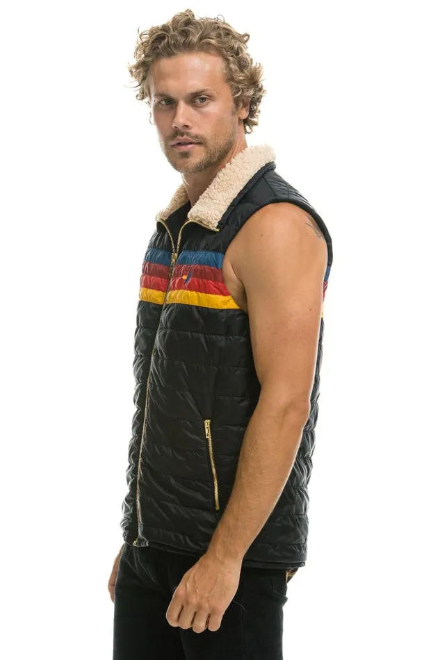 Men Vests Aviator Nation 4 Stripe Vest Sherpa 8211 Black