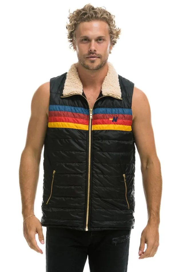 Men Vests Aviator Nation 4 Stripe Vest Sherpa 8211 Black