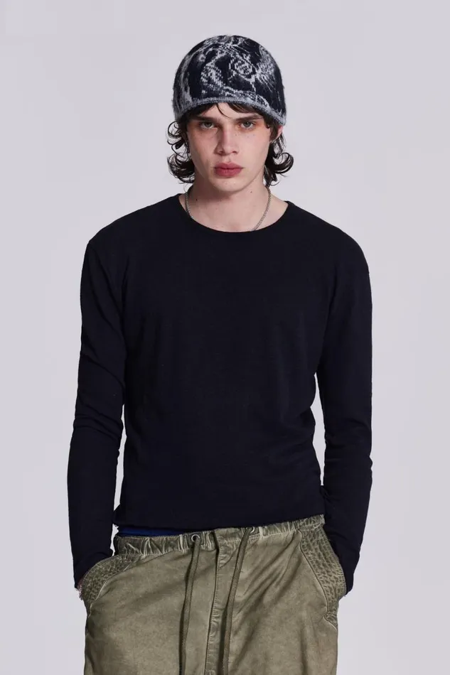 Men Washed Black Long Sleeve Slub Tee Jaded London Basics