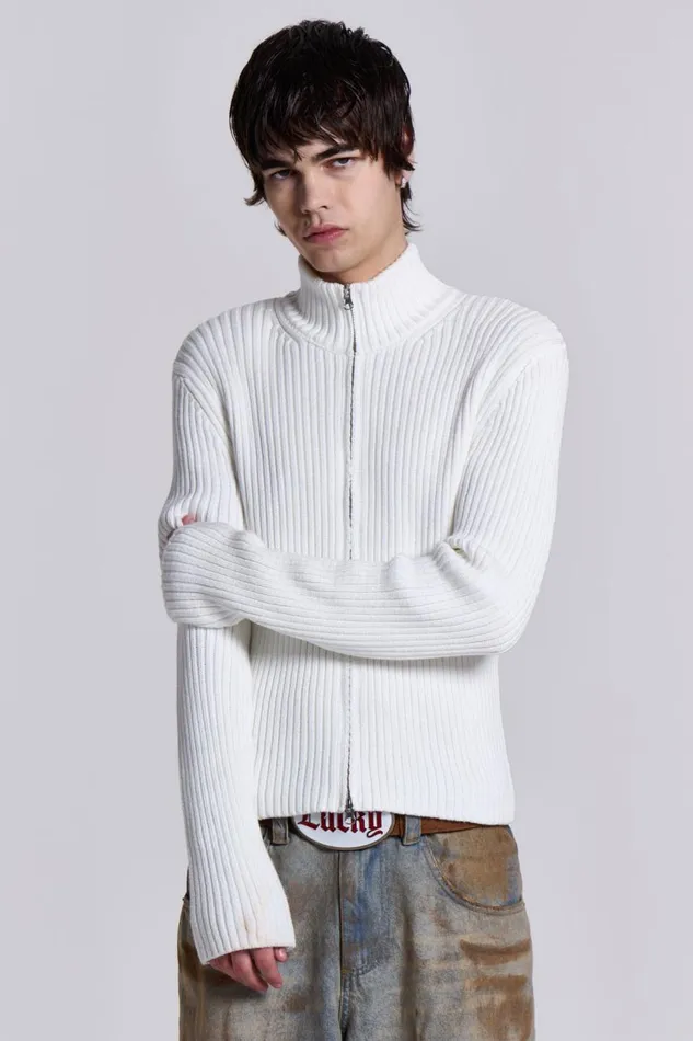 Men White Lucid Knit Track Top Jaded London Knitwear