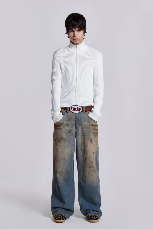 Men White Lucid Knit Track Top Jaded London Knitwear