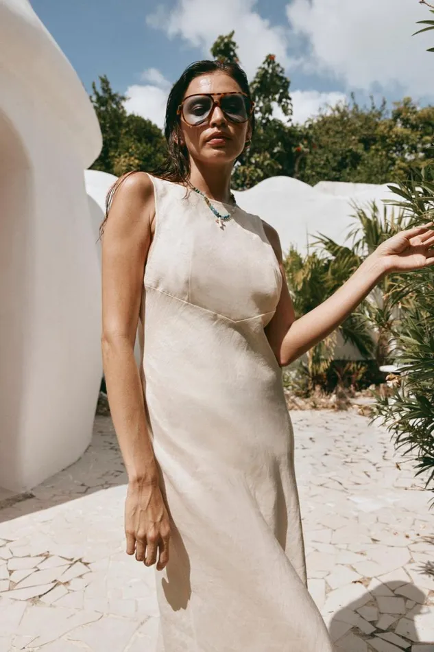 MidiMaxi Dresses Women VRG GRL Art Of Bloom Linen Bias Cut Maxi Dress Cream