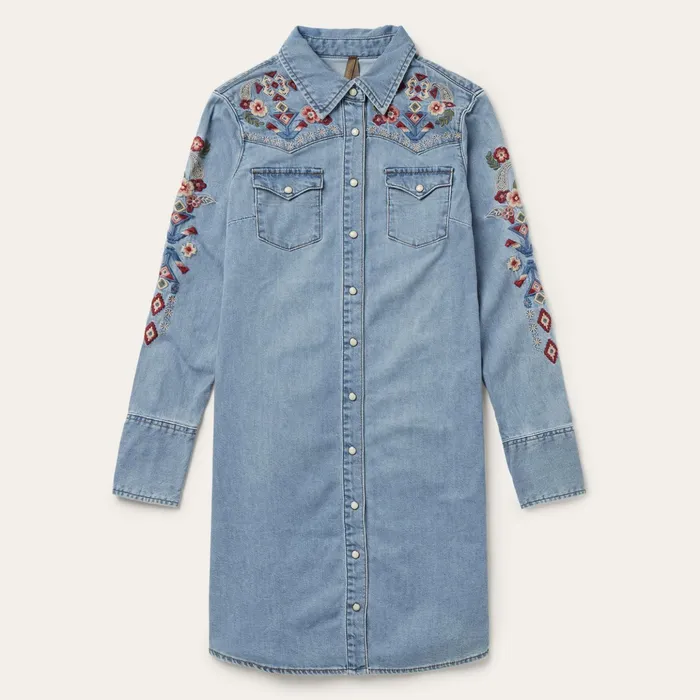 Mini Women Stetson Embroidered Denim Shirt Dress Blue