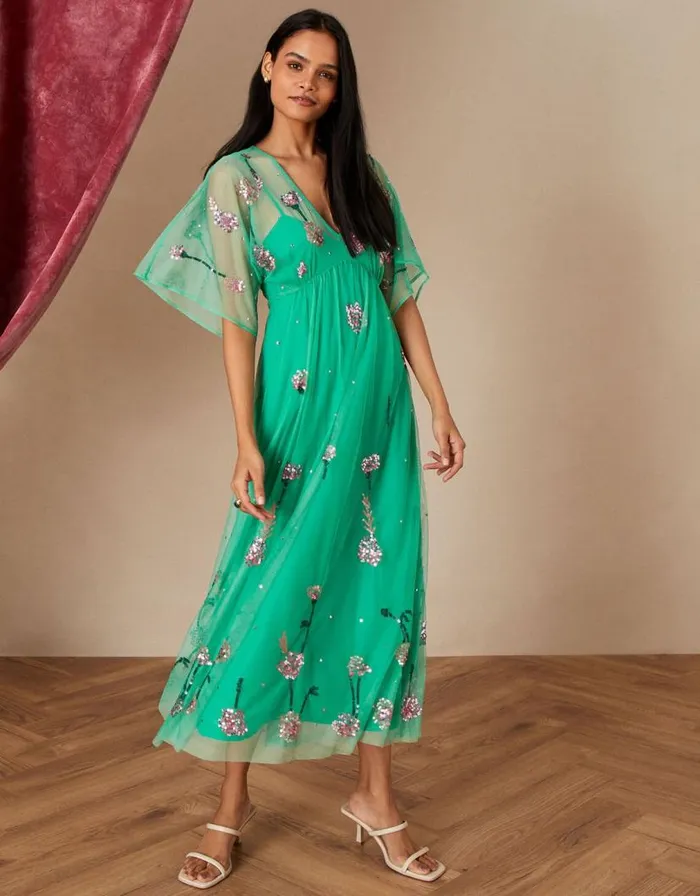 Monsoon Alice Embellished Midi Dress In Recycled Polyester Green Women Occasionwear Monsoon Alice Embellished Midi Dress In Recycled Polyester Green Women Occasionwear