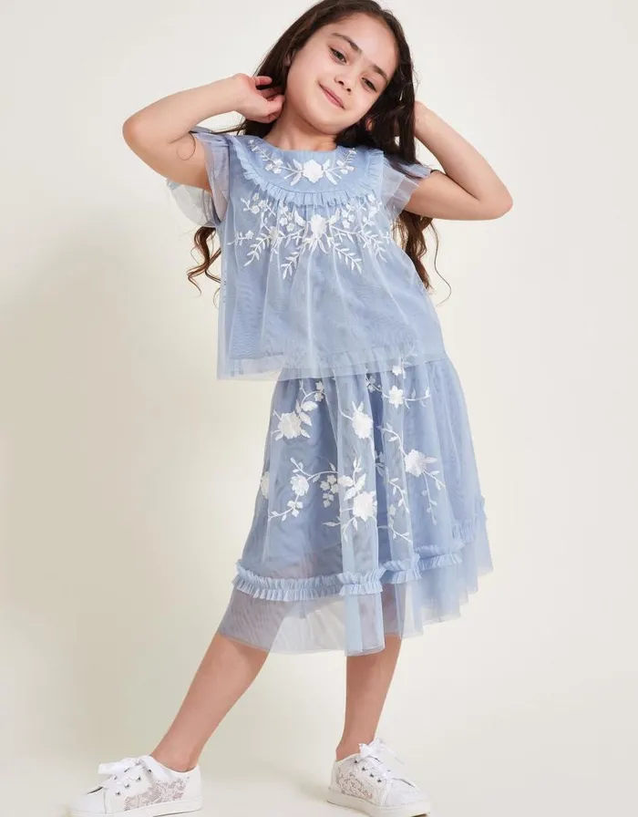 Monsoon Andrea Embroidered Tulle Skirt Blue Children Partywear