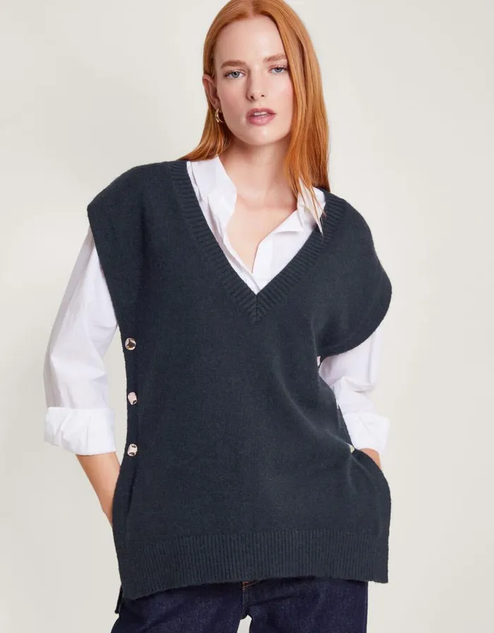 Monsoon Billie Button Side Tabard Blue Women Knitwear