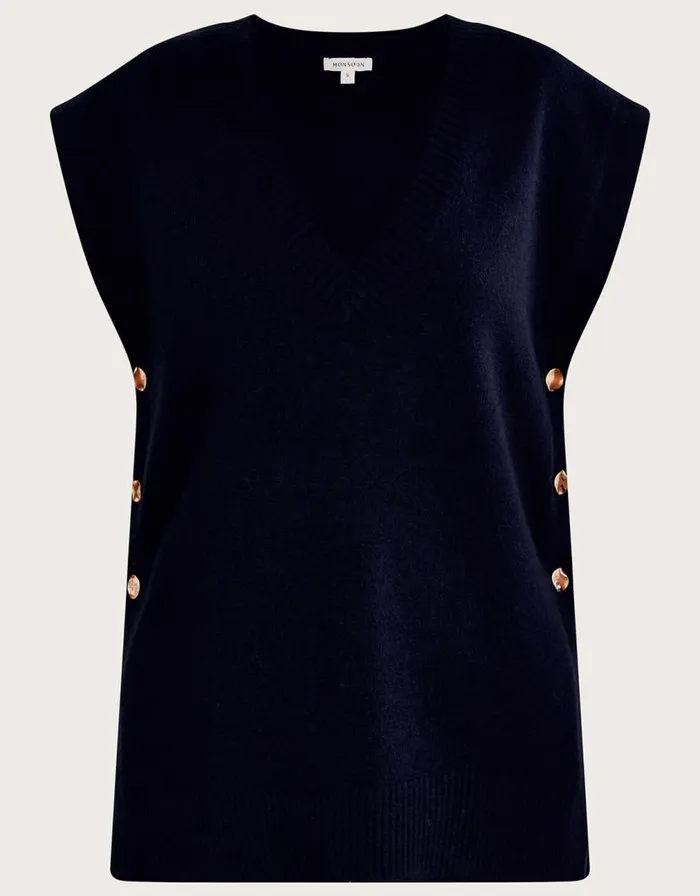 Monsoon Billie Button Side Tabard Blue Women Knitwear Monsoon Billie Button Side Tabard Blue Women Knitwear