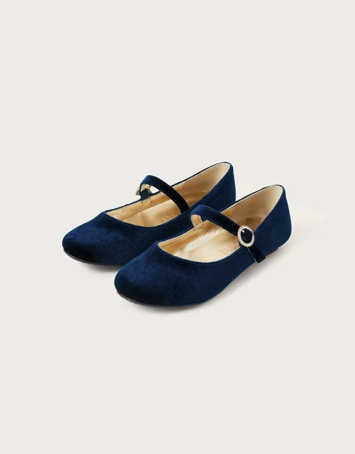 Monsoon Diamante Velvet Ballerina Flats Blue Children Partywear