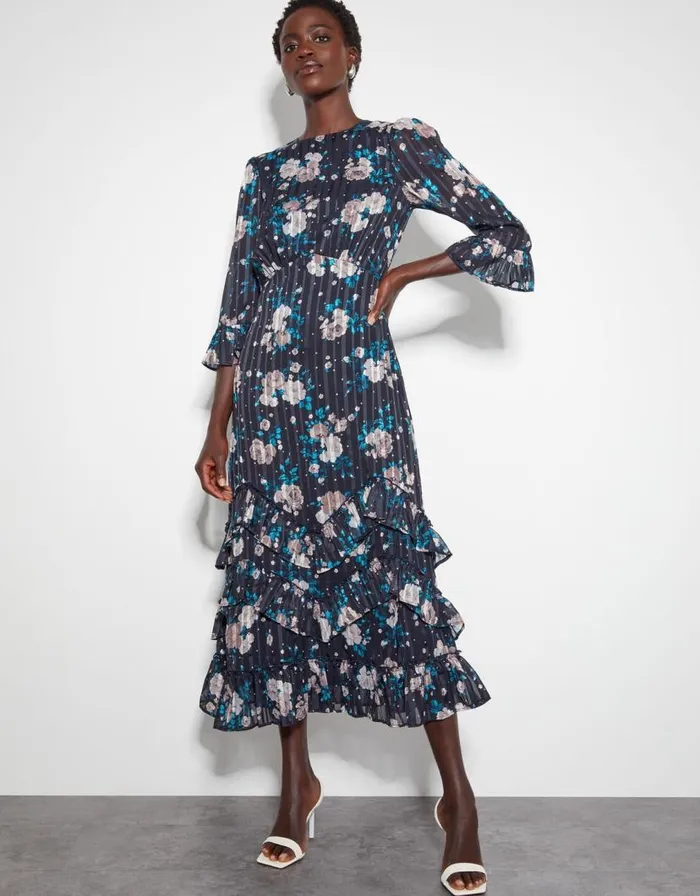 Monsoon Drew Floral Burnout Midi Dress Blue Women Midi Dresses