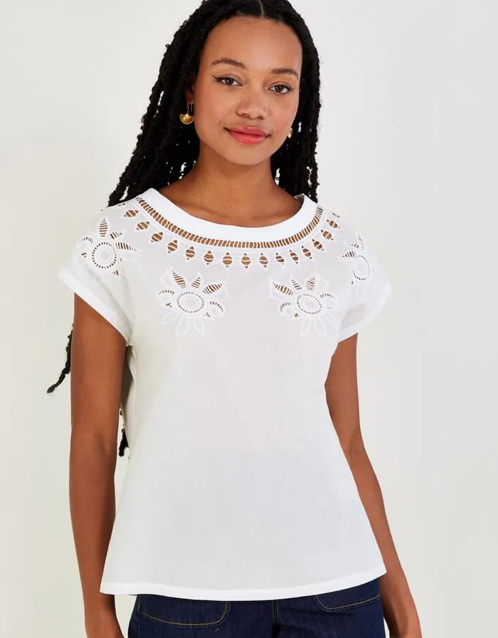 Monsoon Floral CutOut TShirt Ivory Women Tops and Blouses