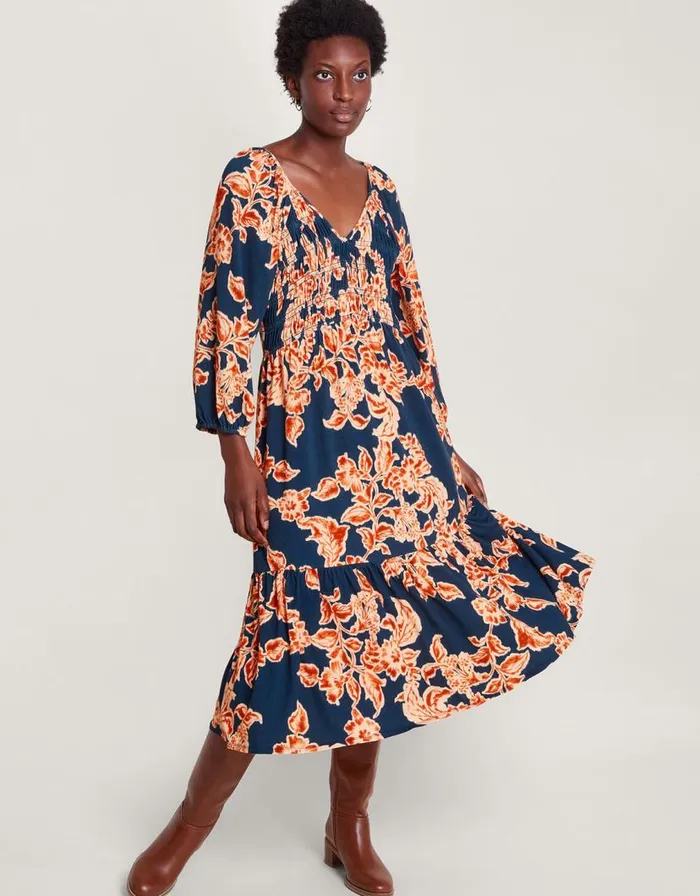 Monsoon Fora Floral Midi Dress Blue Women Midi Dresses
