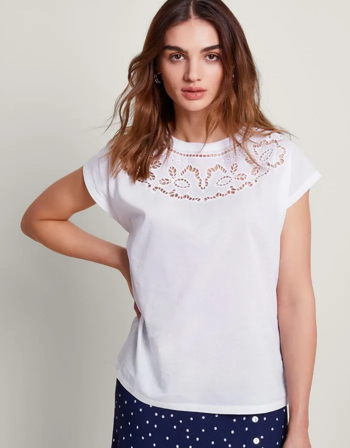 Monsoon Garcia Cutwork TShirt White Women Tops and Blouses