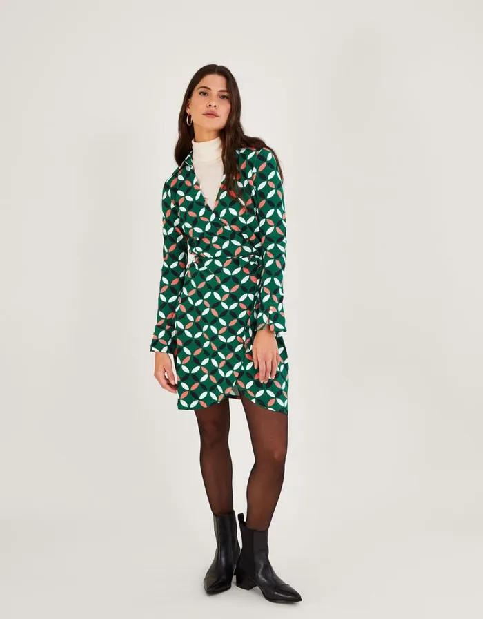 Monsoon Geometric Print Wrap Tie Side Jersey Dress Green Women Mini Dresses