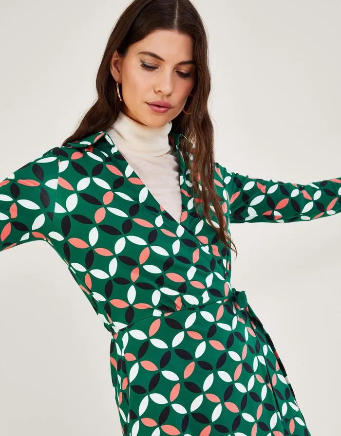 Monsoon Geometric Print Wrap Tie Side Jersey Dress Green Women Mini Dresses Monsoon Geometric Print Wrap Tie Side Jersey Dress Green Women Mini Dresses
