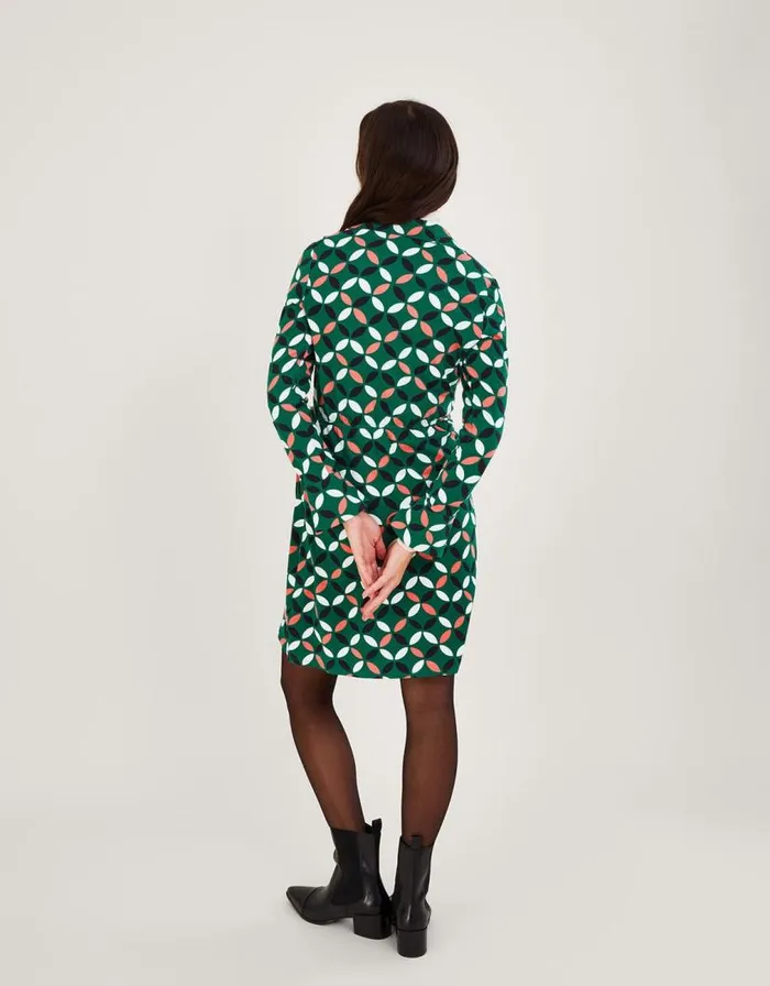 Monsoon Geometric Print Wrap Tie Side Jersey Dress Green Women Mini Dresses Monsoon Geometric Print Wrap Tie Side Jersey Dress Green Women Mini Dresses