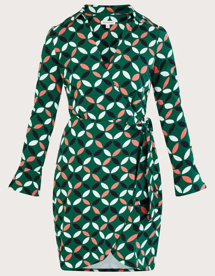 Monsoon Geometric Print Wrap Tie Side Jersey Dress Green Women Mini Dresses Monsoon Geometric Print Wrap Tie Side Jersey Dress Green Women Mini Dresses