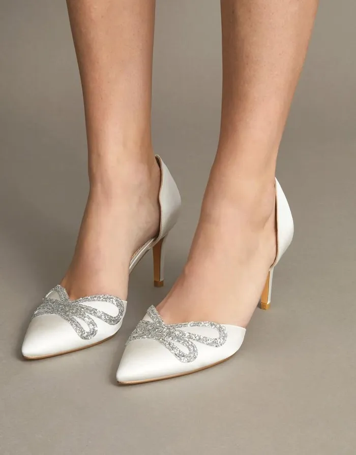 Monsoon Glitter Bow Pointed Toe Bridal Court Heels Ivory Women Heels
