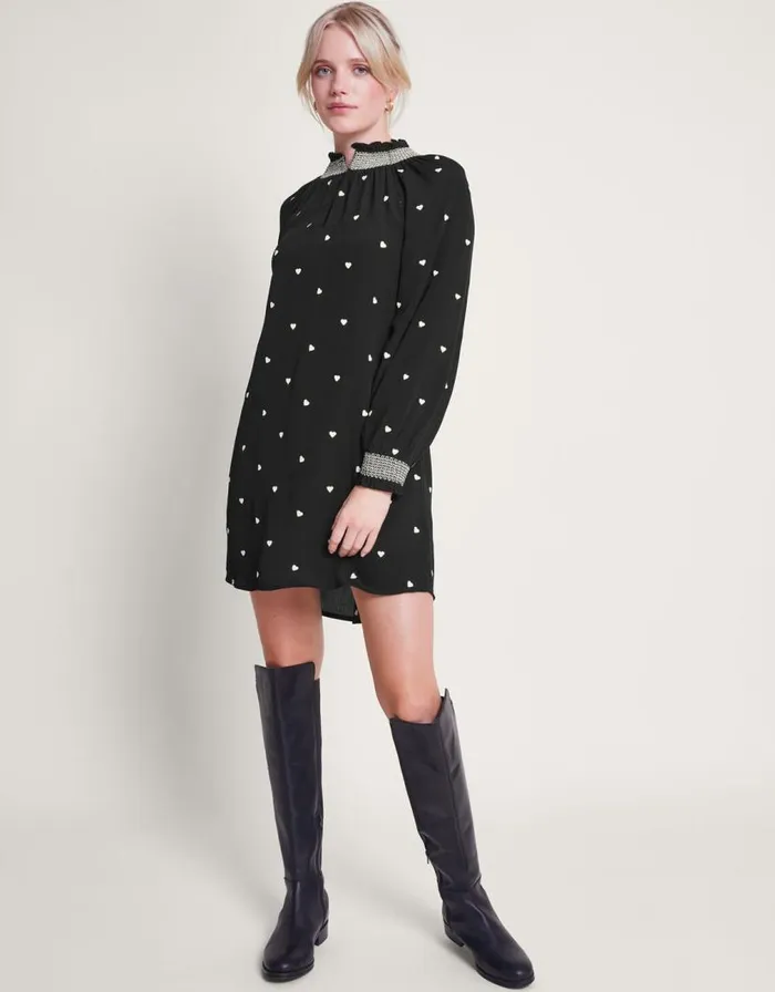 Monsoon Hadria Heart Embroidered Dress Black Women Occasion Dresses