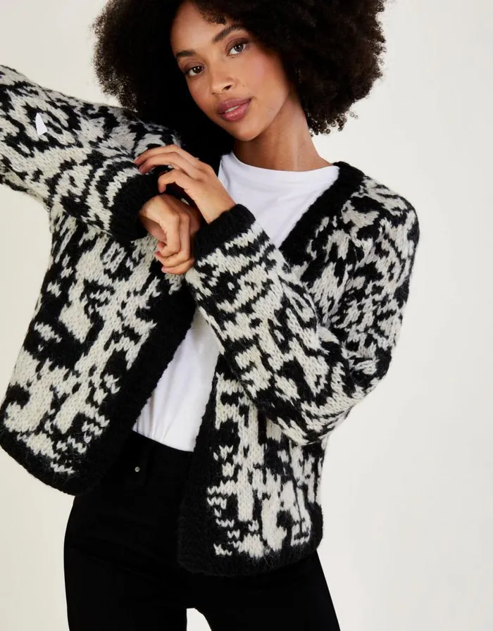 Monsoon Handknit Jacquard Cardigan With Recycled Polyester Black Women Knitwear
