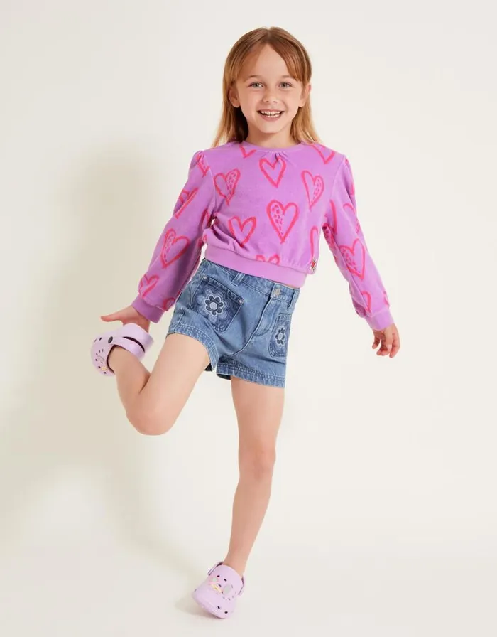 Monsoon Heart Print Towelling Top Purple Children Tops and Tshirts