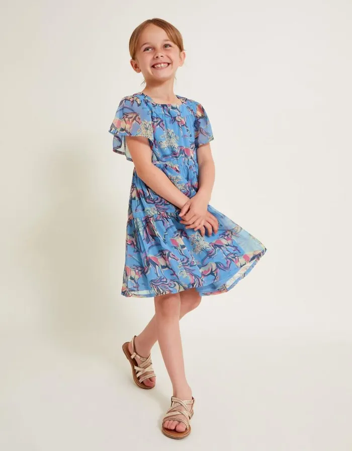 Monsoon Horse Print Dress Blue Children Dresses