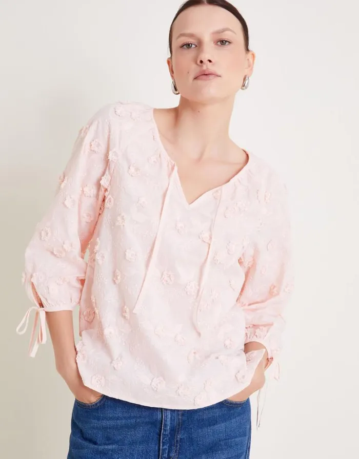 Monsoon Ivy Floral Embroidered Blouson Blouse Pink Women Tops and Blouses