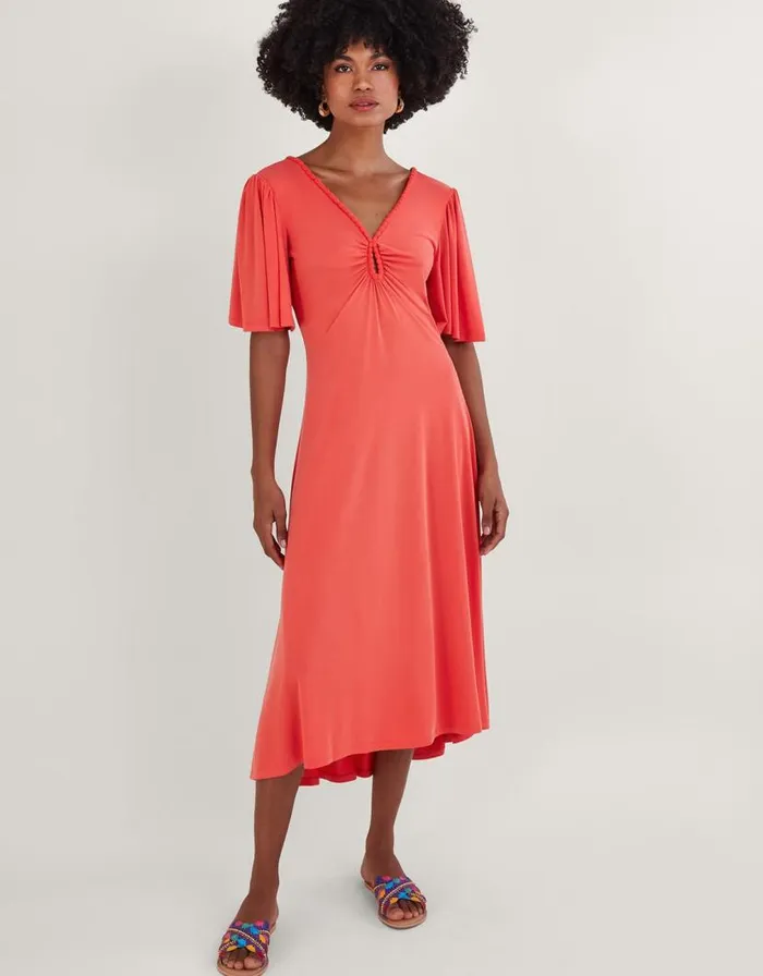 Monsoon Jersey PomPom Trim Keyhole Detail Dress Pink Women Occasionwear