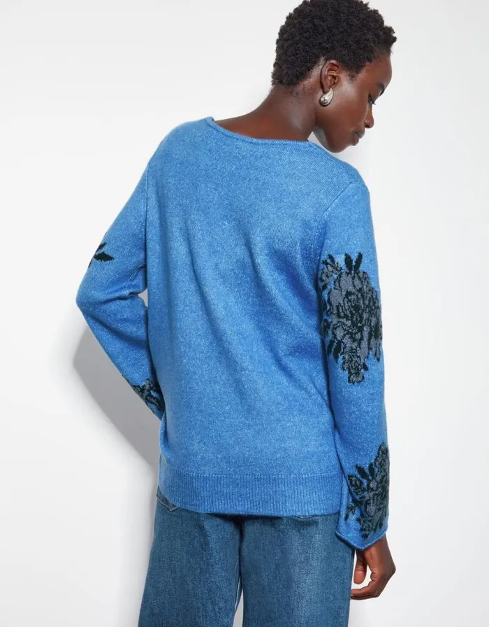 Monsoon Jess VNeck Floral Jacquard Jumper Blue Women Knitwear Monsoon Jess VNeck Floral Jacquard Jumper Blue Women Knitwear