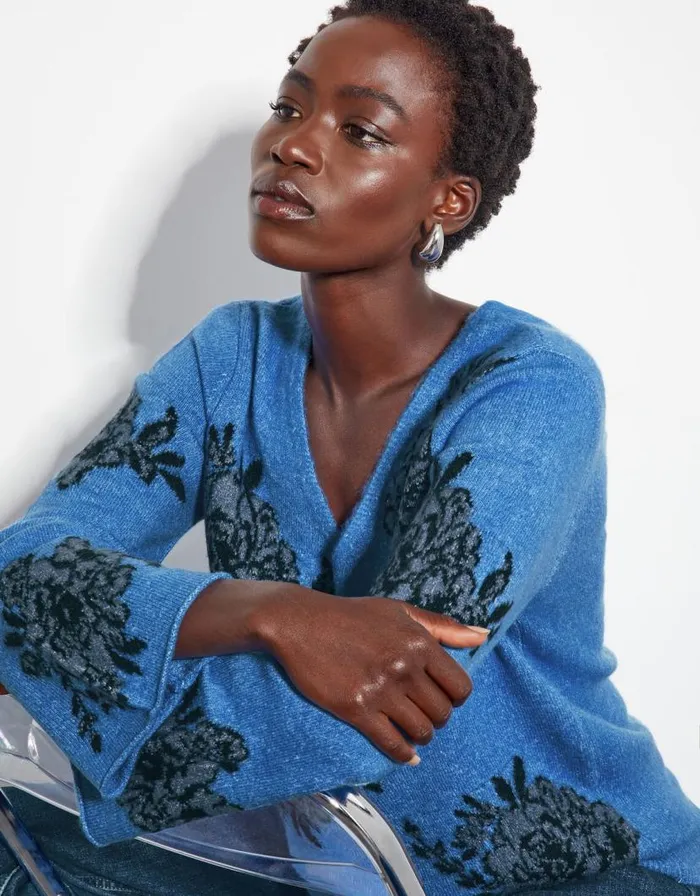 Monsoon Jess VNeck Floral Jacquard Jumper Blue Women Knitwear Monsoon Jess VNeck Floral Jacquard Jumper Blue Women Knitwear