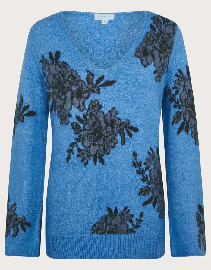 Monsoon Jess VNeck Floral Jacquard Jumper Blue Women Knitwear Monsoon Jess VNeck Floral Jacquard Jumper Blue Women Knitwear