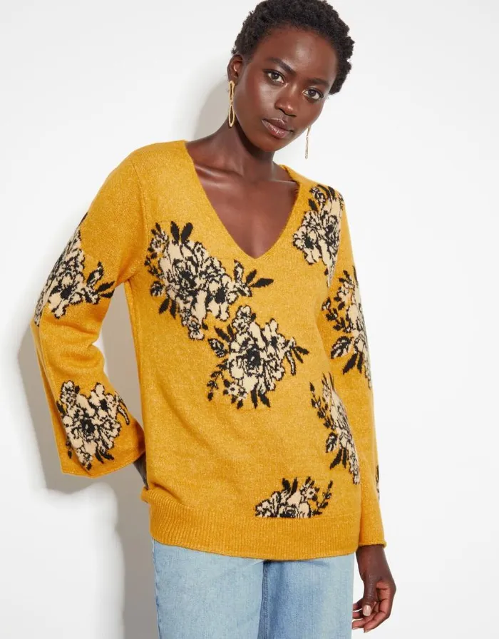 Monsoon Jess VNeck Floral Jacquard Jumper Yellow Women Knitwear