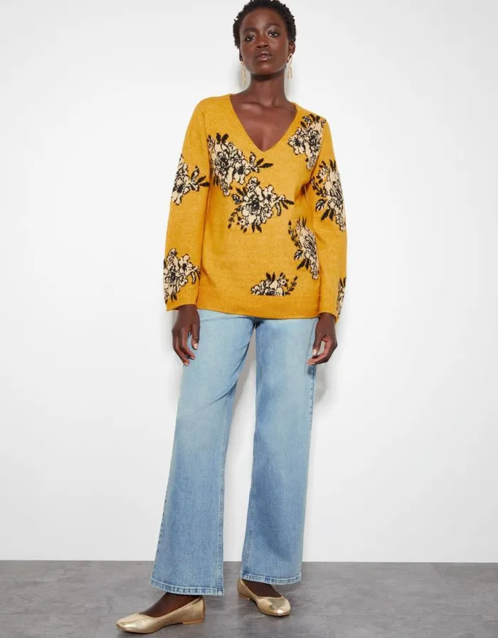 Monsoon Jess VNeck Floral Jacquard Jumper Yellow Women Knitwear Monsoon Jess VNeck Floral Jacquard Jumper Yellow Women Knitwear