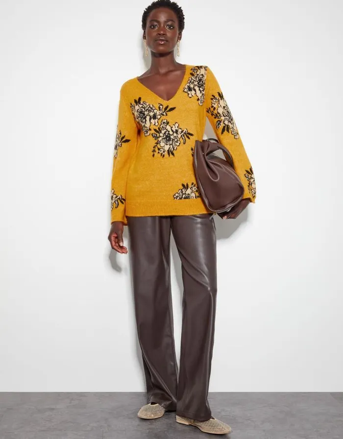 Monsoon Jess VNeck Floral Jacquard Jumper Yellow Women Knitwear Monsoon Jess VNeck Floral Jacquard Jumper Yellow Women Knitwear