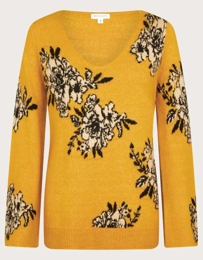 Monsoon Jess VNeck Floral Jacquard Jumper Yellow Women Knitwear Monsoon Jess VNeck Floral Jacquard Jumper Yellow Women Knitwear