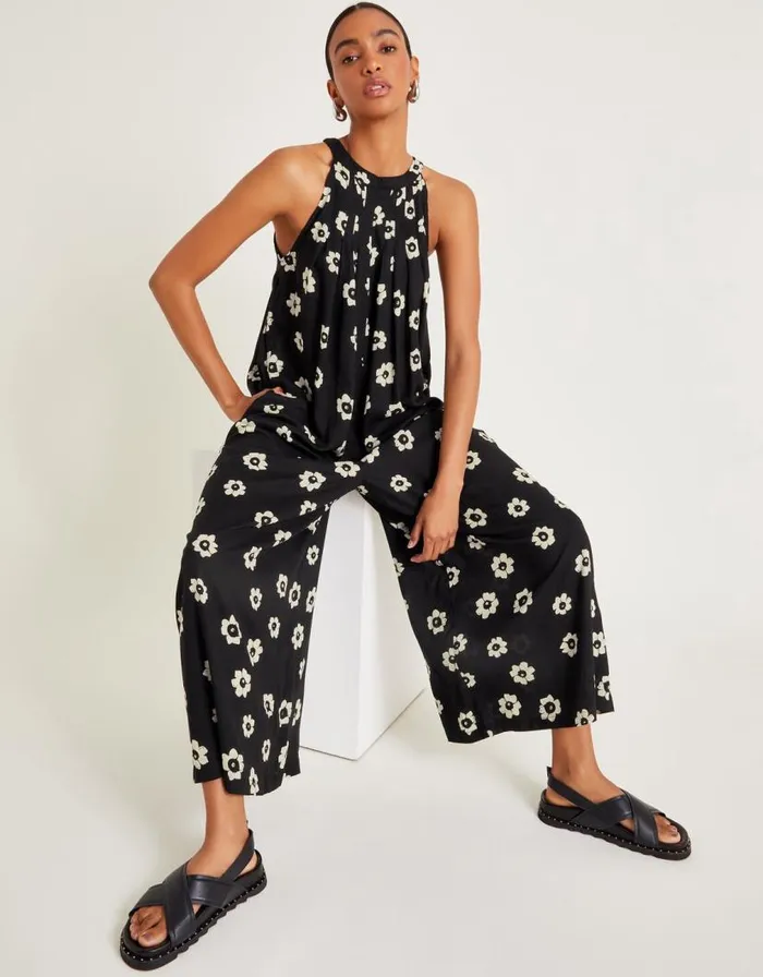 Monsoon Lei Floral Wide Leg Jumpsuit Black Women Beachwear and Swimwear