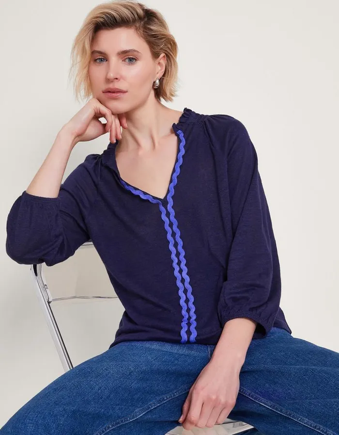 Monsoon Lola Embroidered Linen Top Blue Women Tops and Blouses