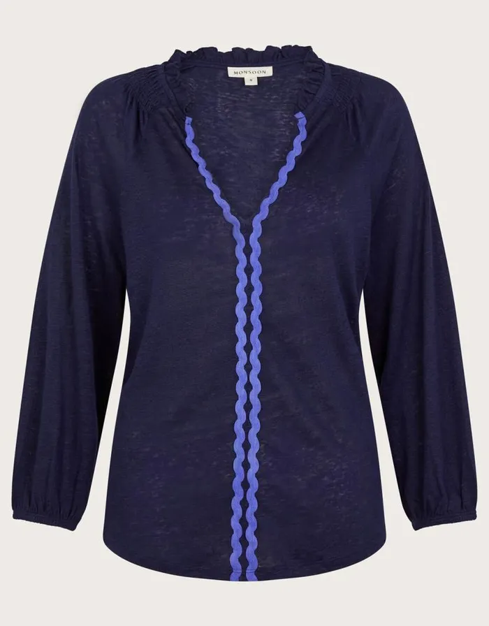 Monsoon Lola Embroidered Linen Top Blue Women Tops and Blouses Monsoon Lola Embroidered Linen Top Blue Women Tops and Blouses