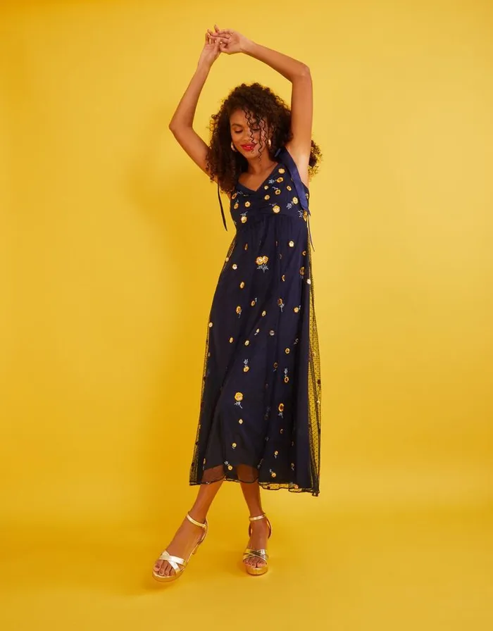 Monsoon Marisa Embroidered Midi Dress Blue Women Occasionwear
