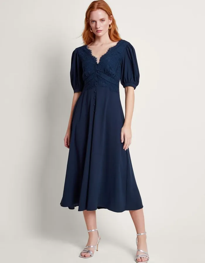 Monsoon Nancy Lace Tea Dress Blue Women Occasionwear