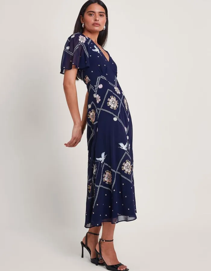 Monsoon Neela Embroidered Tea Dress Blue Women Occasionwear