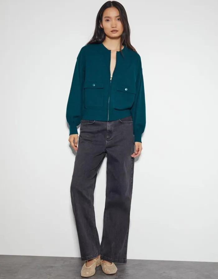 Monsoon Nora Knit Bomber Jacket Teal Women Cardigans Monsoon Nora Knit Bomber Jacket Teal Women Cardigans