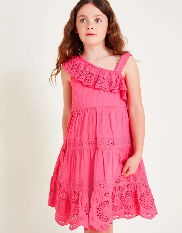 Monsoon OneShoulder Broderie Dress Pink Children Dresses
