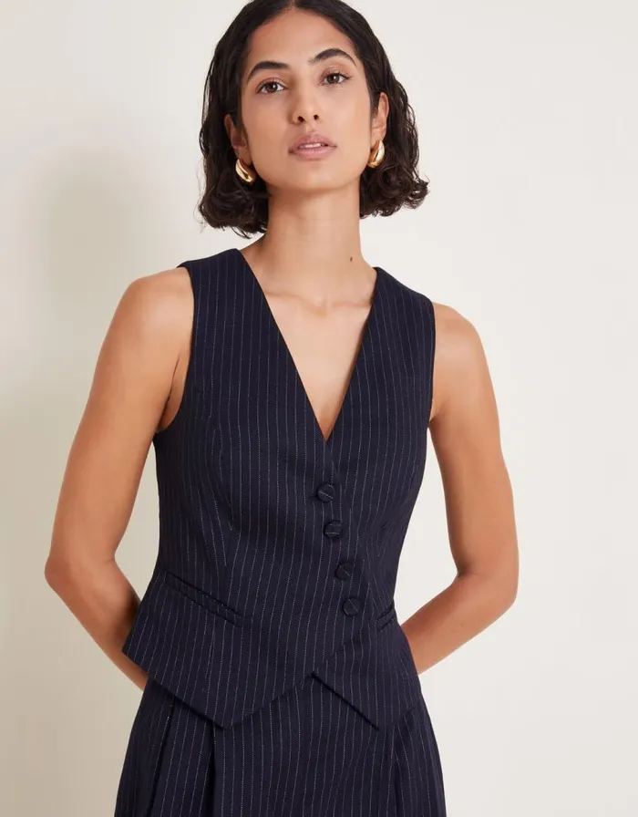 Monsoon Paige Pinstripe Waistcoat Blue Women Jackets