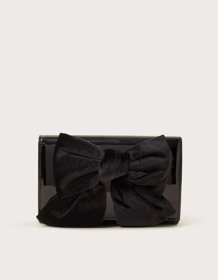 Monsoon Paige Velvet Bow Patent Clutch Bag Black Women Bags and Purses