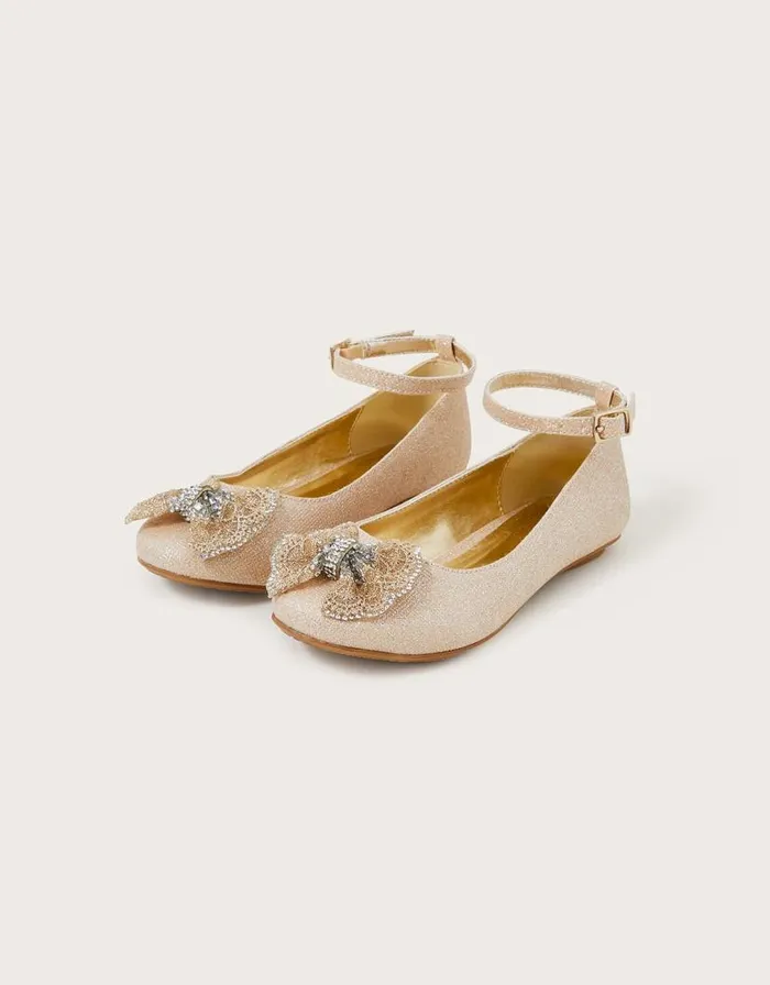 Monsoon Polly Shimmer Bow Ballerina Flats Gold Children Partywear